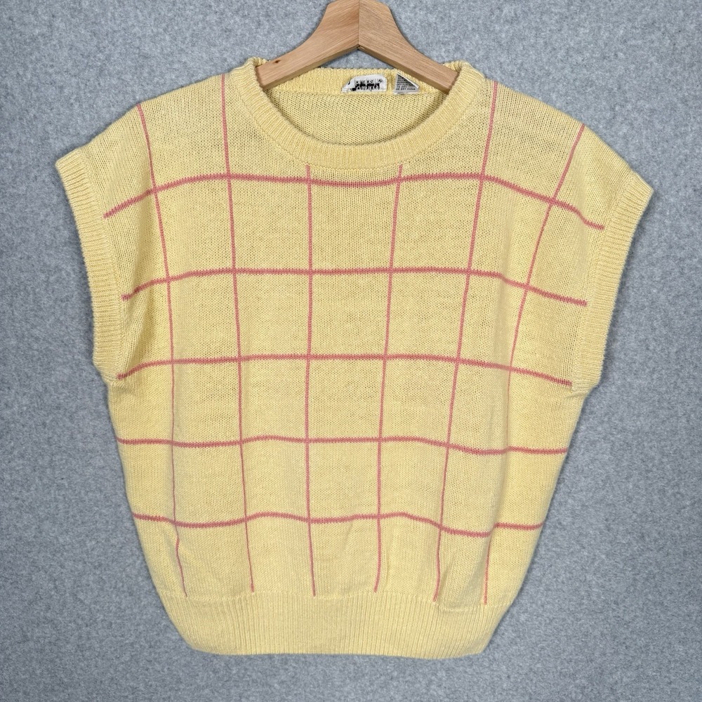 country suburbans sweater vest womens XL yellow pink checkered vintage 80s cropp